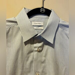 Calvin Klein Men's Dress Shirt Blue Gingham Slim Fit Non Iron Cotton 16 34/35
